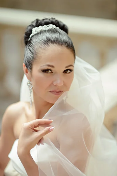 Красива брюнетка наречена у весільній сукні — стокове фото