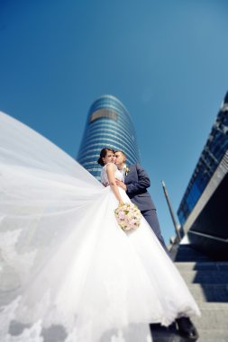 Güzel düğün çifti sarılma