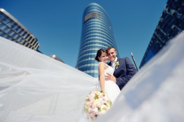 Güzel düğün çifti sarılma