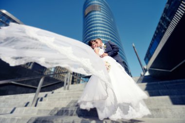 Güzel düğün çifti sarılma