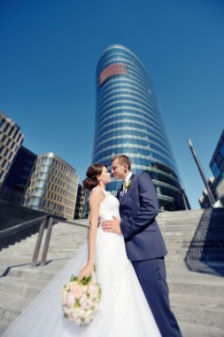 Güzel düğün çifti sarılma