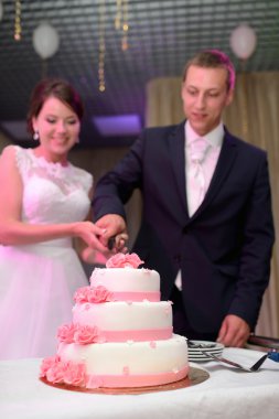 Gelin ve damat düğün pastasını kesiyor