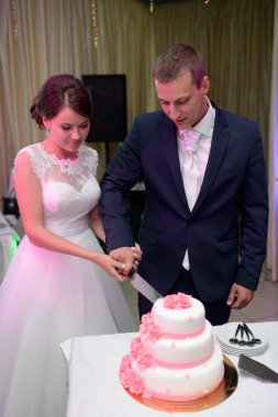 Gelin ve damat düğün pastasını kesiyor