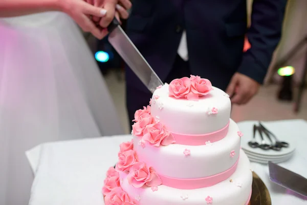 Panna młoda i pan młody cięcia tort weselny — Zdjęcie stockowe