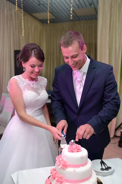 Noiva e noivo corte bolo de casamento — Fotografia de Stock