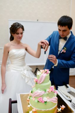 Gelin ve damat düğün pastasını kesiyor