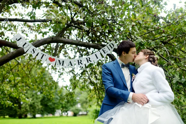 Casamento casal beijando no parque — Fotografia de Stock