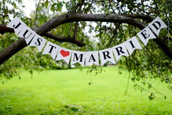Schöne Hochzeitsinschrift gerade geheiratet — Stockfoto