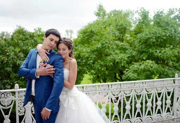 Gyönyörű menyasszony és a vőlegény, átölelve — Stock Fotó