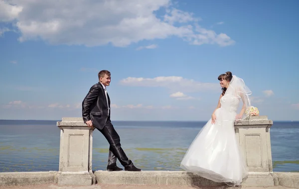 Matrimonio coppia in piedi vicino lago — Foto Stock