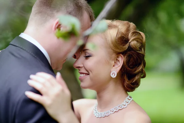 Schönes Hochzeitspaar umarmt sich im Park — Stockfoto