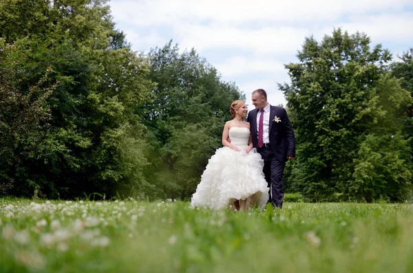 Hochzeitspaar spaziert in Park — Stockfoto