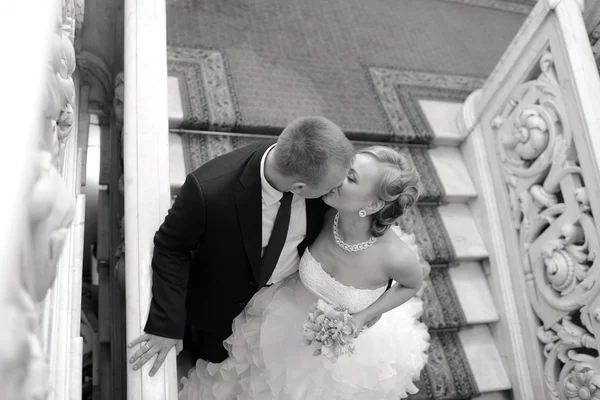 Beautiful wedding couple hugging on stairs — Stock Photo, Image