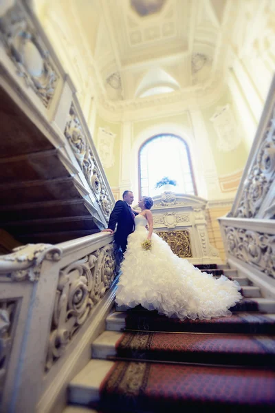 Schönes Hochzeitspaar umarmt sich auf der Treppe — Stockfoto