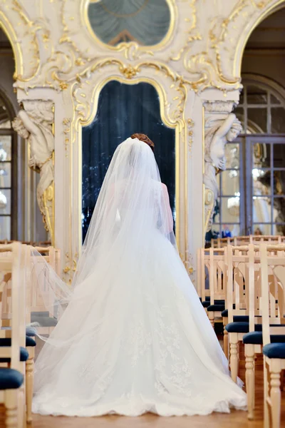 Bella sposa in abito da sposa con velo — Foto Stock