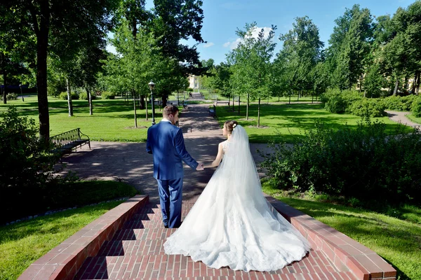 Hochzeitspaar spaziert in Park — Stockfoto