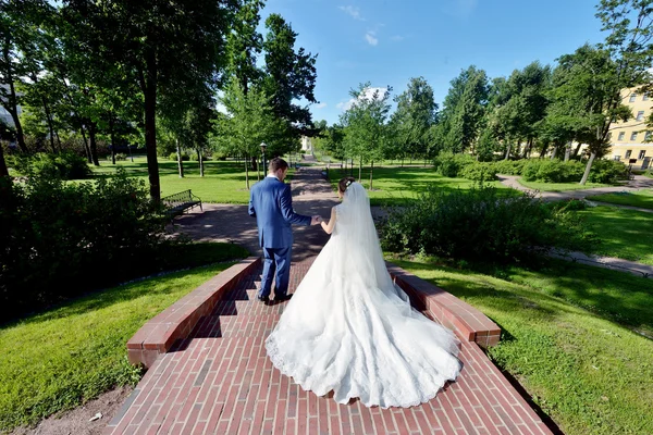 Bruidspaar wandelen in park — Stockfoto