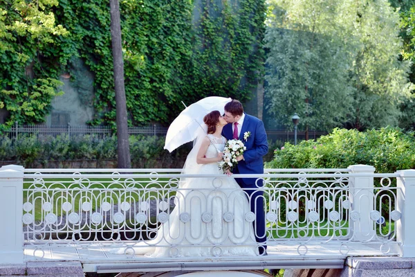 Hochzeitspaar umarmt sich auf Brücke — Stockfoto