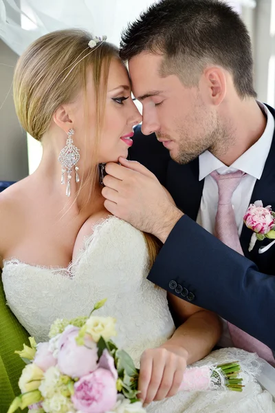 Beautiful wedding couple hugging — Stock Photo, Image