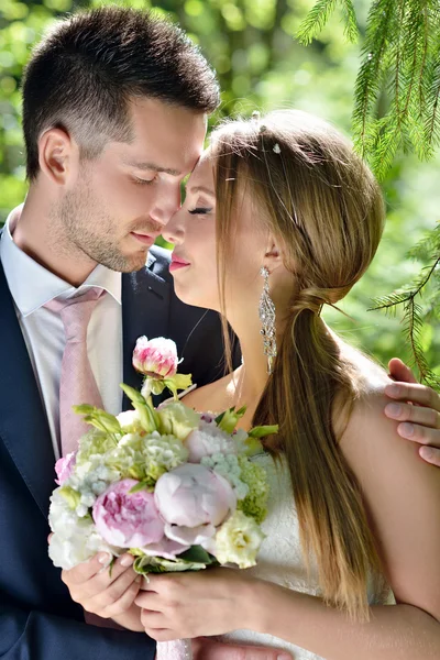 Прекрасная свадебная пара обнимается в парке Стоковое Фото