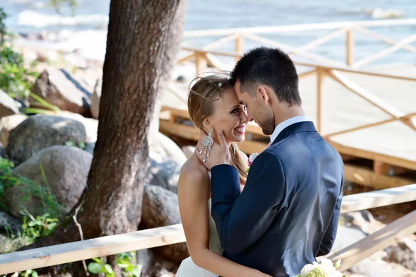 Schönes Hochzeitspaar umarmt — Stockfoto