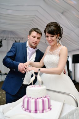 Gelin ve damat düğün pastasını kesiyor