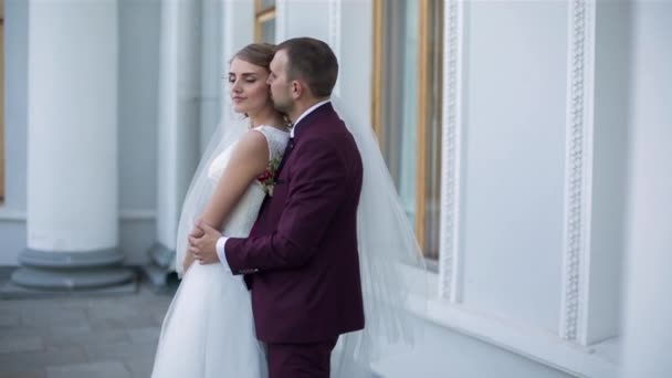 Gelin ve damat sarılıp öpüşüyor. — Stok video