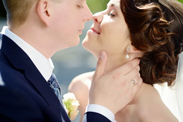 Hochzeitspaar umarmt und küsst sich — Stockfoto