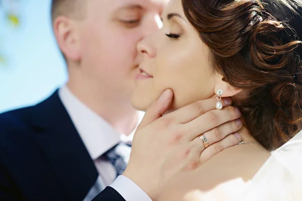 Hochzeitspaar umarmt und küsst sich — Stockfoto
