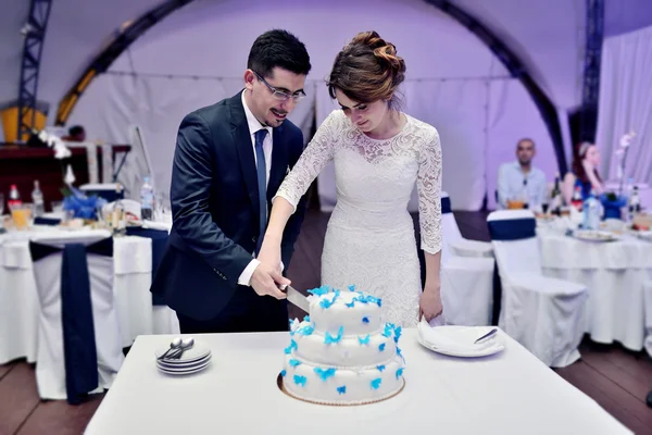Řezání svatební dort — Stock fotografie