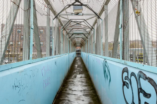 Graffitied Caged Walkway Over Rails — Stock Photo, Image