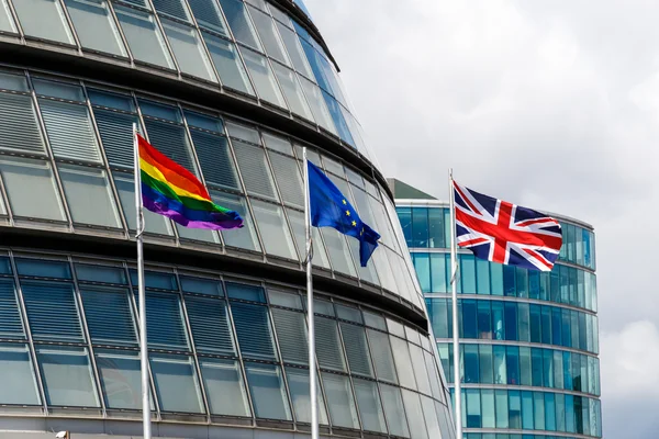 LGBT Pride Flag, EU Flag, and Union Jack — Stock Photo, Image