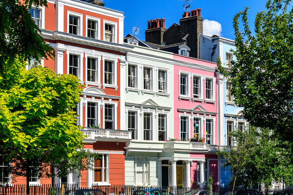 Colourful English terraced houses in Primrose Hill, London, UK