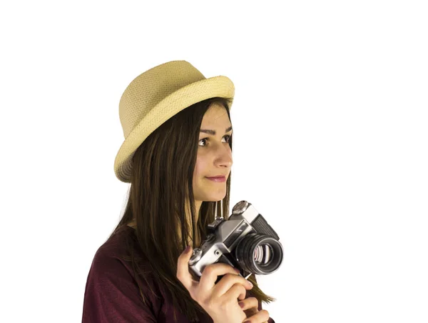 Dívka se starým dslr fotoaparát — Stock fotografie