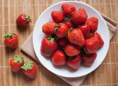 ahşap arka plan üzerinde beyaz bir tabak içinde parlak, olgun, lezzetli çilek