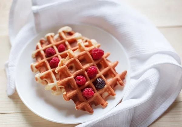 Gofres con miel, mermelada y bayas en un plato blanco, a primera vista — Foto de Stock