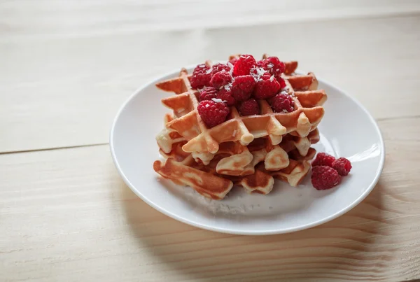 Gofres con miel, mermelada y bayas en un plato blanco, a primera vista — Foto de Stock