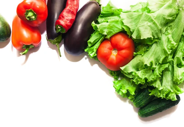 Fresh organic vegetables. Autumn vegetables. Harvesting. Ingredients for the salad. Lettuce, tomatoes, cucumbers, zucchini, eggplant, peppers, chillies. Advertising Space. — Stock Photo, Image