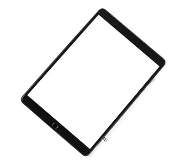 Modern cihaz, izole ışık arka planında beyaz stili tablet. Beyaz arkaplanda izole edilmiş, boş ekranlı siyah tablet bilgisayar. Teknoloji Konsepti. 