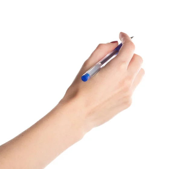 Female Hands Hold Pen Isolated White Background — Fotografia de Stock