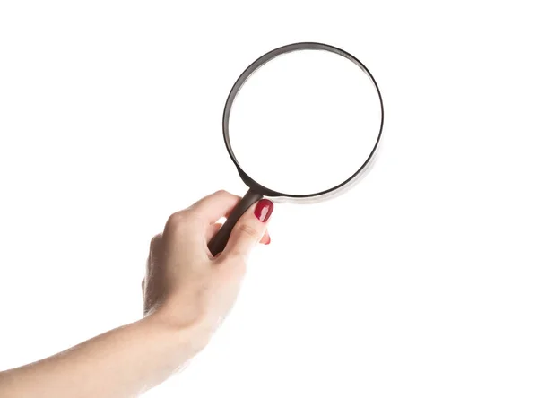 Female Hand Holding Magnifying Glass Isolated White Background — Stock Photo, Image