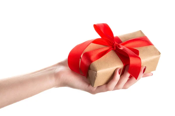 Hand Woman Holding Gift Box Isolated White Background Gift Wrap — Stock Photo, Image
