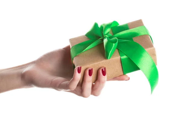 Hand Woman Holding Gift Box Isolated White Background Gift Wrap — Stock Photo, Image