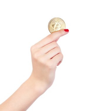 Beyaz arkaplanda el ele tutulan Bitcoin