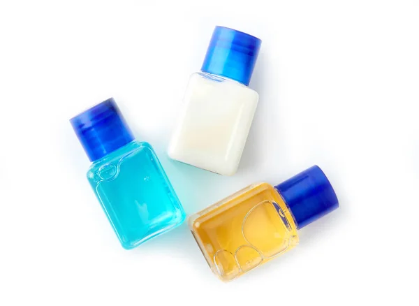 Šampon Sprchový Gel Bílém Pozadí Hotelové Kosmetické Láhve Izolované Bílém — Stock fotografie