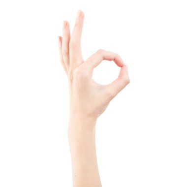 Kadın eli beyaz arka planda izole edilmiş. Beyaz kadının elinde semboller ve jestler var. Temsili onay jesti
