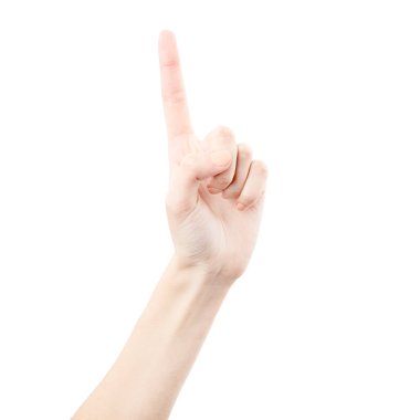 Kadın eli beyaz arka planda izole edilmiş. Beyaz kadının elinde semboller ve jestler var. Düzen için el kol hareketi. Jest yön veriyor