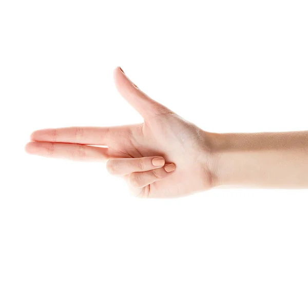 Χέρι Μιας Γυναίκας Που Φτιάχνει Όπλο Χειρονομία Χειροκίνητη Κίνηση Πιστολιού — Φωτογραφία Αρχείου