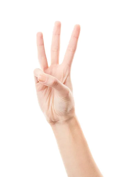女性の手は白い背景に孤立した数を示している 手話だ 手札番号 — ストック写真