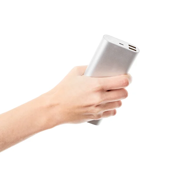 Silver Power Bank Hand Isolate Power Bank Charging Mobile Devices — Stock Photo, Image